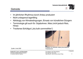 Getreide
• Im jährlichen Rhythmus durch Anbau produziert
• Nicht unbegrenzt lagerfähig
• Abhängig von Klimabedingungen, Einsatz von künstlichen Düngern
• Terminologie gilt auch für: Sojabohnen, Mais (nicht jedoch Reis,
Hirse)
• Trockenes Schüttgut („dry bulk commodities“)
4
Institut für Land- und Seeverkehr
FG Entwurf & Betrieb Maritimer Systeme
FG Dynamik Maritimer Systeme
Grundlagen des Seeverkehrs
Prof. Dipl.-Ing. Horst Linde
Kaja Nentwich, José Chinchilla, Maria Philipp
17.05.2010
• Trockenes Schüttgut („dry bulk commodities“)
Quelle: Linde 2006
Entladen von Getreide mittels pneumatischer
Fördertechnik
 