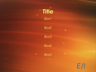 Title
Box1
Box2
Box3
Box4
Box5
E/I
 