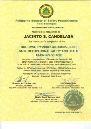 Basic Occupational Safety & Health 40 Hrs (BOSH) Certificate