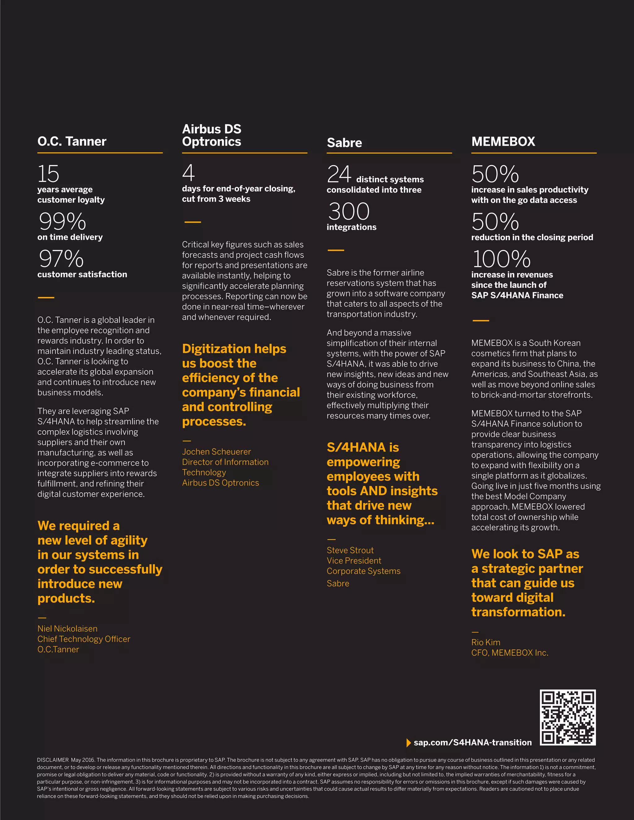 DISCLAIMER May 2016. The information in this brochure is proprietary to SAP. The brochure is not subject to any agreement with SAP. SAP has no obligation to pursue any course of business outlined in this presentation or any related
document, or to develop or release any functionality mentioned therein. All directions and functionality in this brochure are all subject to change by SAP at any time for any reason without notice. The information 1) is not a commitment,
promise or legal obligation to deliver any material, code or functionality. 2) is provided without a warranty of any kind, either express or implied, including but not limited to, the implied warranties of merchantability, ﬁtness for a
particular purpose, or non-infringement, 3) is for informational purposes and may not be incorporated into a contract. SAP assumes no responsibility for errors or omissions in this brochure, except if such damages were caused by
SAP’s intentional or gross negligence. All forward-looking statements are subject to various risks and uncertainties that could cause actual results to differ materially from expectations. Readers are cautioned not to place undue
reliance on these forward-looking statements, and they should not be relied upon in making purchasing decisions.
Airbus DS
Optronics
4days for end-of-year closing,
cut from 3 weeks
—
Critical key ﬁgures such as sales
forecasts and project cash ﬂows
for reports and presentations are
available instantly, helping to
signiﬁcantly accelerate planning
processes. Reporting can now be
done in near-real time–wherever
and whenever required.
Digitization helps
us boost the
efficiency of the
company’s ﬁnancial
and controlling
processes.
—
Jochen Scheuerer
Director of Information
Technology
Airbus DS Optronics
Sabre
24 distinct systems
consolidated into three
300integrations
—
Sabre is the former airline
reservations system that has
grown into a software company
that caters to all aspects of the
transportation industry.
And beyond a massive
simpliﬁcation of their internal
systems, with the power of SAP
S/4HANA, it was able to drive
new insights, new ideas and new
ways of doing business from
their existing workforce,
effectively multiplying their
resources many times over.
S/4HANA is
empowering
employees with
tools AND insights
that drive new
ways of thinking…
—
Steve Strout
Vice President
Corporate Systems
Sabre
MEMEBOX
50%increase in sales productivity
with on the go data access
50%reduction in the closing period
100%increase in revenues
since the launch of
SAP S/4HANA Finance
—
MEMEBOX is a South Korean
cosmetics ﬁrm that plans to
expand its business to China, the
Americas, and Southeast Asia, as
well as move beyond online sales
to brick-and-mortar storefronts.
MEMEBOX turned to the SAP
S/4HANA Finance solution to
provide clear business
transparency into logistics
operations, allowing the company
to expand with ﬂexibility on a
single platform as it globalizes.
Going live in just ﬁve months using
the best Model Company
approach, MEMEBOX lowered
total cost of ownership while
accelerating its growth.
We look to SAP as
a strategic partner
that can guide us
toward digital
transformation.
—
Rio Kim
CFO, MEMEBOX Inc.
O.C. Tanner
15years average
customer loyalty
99%on time delivery
97%customer satisfaction
—
O.C. Tanner is a global leader in
the employee recognition and
rewards industry. In order to
maintain industry leading status,
O.C. Tanner is looking to
accelerate its global expansion
and continues to introduce new
business models.
They are leveraging SAP
S/4HANA to help streamline the
complex logistics involving
suppliers and their own
manufacturing, as well as
incorporating e-commerce to
integrate suppliers into rewards
fulﬁllment, and reﬁning their
digital customer experience.
We required a
new level of agility
in our systems in
order to successfully
introduce new
products.
—
Niel Nickolaisen
Chief Technology Officer
O.C.Tanner
QR Code
To Come
sap.com/S4HANA-transition
 