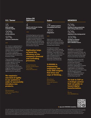 DISCLAIMER May 2016. The information in this brochure is proprietary to SAP. The brochure is not subject to any agreement with SAP. SAP has no obligation to pursue any course of business outlined in this presentation or any related
document, or to develop or release any functionality mentioned therein. All directions and functionality in this brochure are all subject to change by SAP at any time for any reason without notice. The information 1) is not a commitment,
promise or legal obligation to deliver any material, code or functionality. 2) is provided without a warranty of any kind, either express or implied, including but not limited to, the implied warranties of merchantability, ﬁtness for a
particular purpose, or non-infringement, 3) is for informational purposes and may not be incorporated into a contract. SAP assumes no responsibility for errors or omissions in this brochure, except if such damages were caused by
SAP’s intentional or gross negligence. All forward-looking statements are subject to various risks and uncertainties that could cause actual results to differ materially from expectations. Readers are cautioned not to place undue
reliance on these forward-looking statements, and they should not be relied upon in making purchasing decisions.
Airbus DS
Optronics
4days for end-of-year closing,
cut from 3 weeks
—
Critical key ﬁgures such as sales
forecasts and project cash ﬂows
for reports and presentations are
available instantly, helping to
signiﬁcantly accelerate planning
processes. Reporting can now be
done in near-real time–wherever
and whenever required.
Digitization helps
us boost the
efficiency of the
company’s ﬁnancial
and controlling
processes.
—
Jochen Scheuerer
Director of Information
Technology
Airbus DS Optronics
Sabre
24 distinct systems
consolidated into three
300integrations
—
Sabre is the former airline
reservations system that has
grown into a software company
that caters to all aspects of the
transportation industry.
And beyond a massive
simpliﬁcation of their internal
systems, with the power of SAP
S/4HANA, it was able to drive
new insights, new ideas and new
ways of doing business from
their existing workforce,
effectively multiplying their
resources many times over.
S/4HANA is
empowering
employees with
tools AND insights
that drive new
ways of thinking…
—
Steve Strout
Vice President
Corporate Systems
Sabre
MEMEBOX
50%increase in sales productivity
with on the go data access
50%reduction in the closing period
100%increase in revenues
since the launch of
SAP S/4HANA Finance
—
MEMEBOX is a South Korean
cosmetics ﬁrm that plans to
expand its business to China, the
Americas, and Southeast Asia, as
well as move beyond online sales
to brick-and-mortar storefronts.
MEMEBOX turned to the SAP
S/4HANA Finance solution to
provide clear business
transparency into logistics
operations, allowing the company
to expand with ﬂexibility on a
single platform as it globalizes.
Going live in just ﬁve months using
the best Model Company
approach, MEMEBOX lowered
total cost of ownership while
accelerating its growth.
We look to SAP as
a strategic partner
that can guide us
toward digital
transformation.
—
Rio Kim
CFO, MEMEBOX Inc.
O.C. Tanner
15years average
customer loyalty
99%on time delivery
97%customer satisfaction
—
O.C. Tanner is a global leader in
the employee recognition and
rewards industry. In order to
maintain industry leading status,
O.C. Tanner is looking to
accelerate its global expansion
and continues to introduce new
business models.
They are leveraging SAP
S/4HANA to help streamline the
complex logistics involving
suppliers and their own
manufacturing, as well as
incorporating e-commerce to
integrate suppliers into rewards
fulﬁllment, and reﬁning their
digital customer experience.
We required a
new level of agility
in our systems in
order to successfully
introduce new
products.
—
Niel Nickolaisen
Chief Technology Officer
O.C.Tanner
QR Code
To Come
sap.com/S4HANA-transition
 