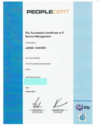 FEtrI]TLEffiffircT
lTlL Foundation Certificate in
Seruice Management
is awarded to
JARED HUNTER
IT
who has achieved
lTlL@ Foundation Examination
PASS
Certificate Number
Date
18 Apr 2012
PEOPLECERT GToup
Certification Qualifier
,hbPEOPLECERT Group
General Manager
 