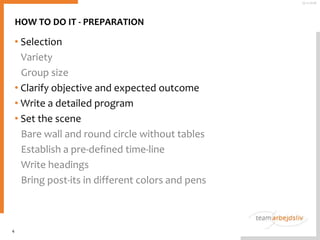 HOW TO DO IT - PREPARATION
• Selection
Variety
Group size
• Clarify objective and expected outcome
• Write a detailed program
• Set the scene
Bare wall and round circle without tables
Establish a pre-defined time-line
Write headings
Bring post-its in different colors and pens
4
25-11-2016
 