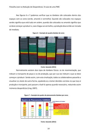 Filosofia Lean na Redução de Desperdícios: O caso de uma PME
14
Nas figuras 6 e 7 podemos verificar que os Kanbans são colocados dentro dos
espaços com as cores (verde, amarelo e vermelho). Quando são colocados nos espaços
verdes significa que está tudo em ordem, quando são colocados no amarelo significa que
se deve começar a produzir e, caso chegue ao vermelho, a produção deve então ser iniciada
de imediato.
Figura 6 – Exemplo de quadro Kanban de cores
Fonte: Azevedo (2015)
Normalmente existem dois tipos de Kanbans físicos: os de movimentação, que
indicam o transporte de peças e os de produção, que por sua vez indicam o que se deve
começar a produzir. Sendo assim, com esta sinalização, todos os colaboradores passarão a
visualizar os stocks de outra forma, ajudando-os a tomar decisões corretas no que toca à
produção e transporte, pois passam a fazê-lo apenas quando necessário, reduzindo assim
inúmeros desperdícios (Ling, 2007).
Figura 7 – Exemplo de quadro de planeamento Kanban por cores
Fonte: Azevedo (2015)
 