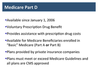  Medicare	
  Part	
  D	
  
	
  	
  
	
  
	
  
§ Available	
  since	
  January	
  1,	
  2006	
  
§ Voluntary	
  PrescripBon	
  Drug	
  Beneﬁt	
  
§ Provides	
  assistance	
  with	
  prescripBon	
  drug	
  costs	
  
§ Available	
  for	
  Medicare	
  Beneﬁciaries	
  enrolled	
  in	
  
	
  	
  “Basic”	
  Medicare	
  (Part	
  A	
  or	
  Part	
  B)	
  
§ Plans	
  provided	
  by	
  private	
  insurance	
  companies	
  
§ Plans	
  must	
  meet	
  or	
  exceed	
  Medicare	
  Guidelines	
  and	
  
	
  	
  all	
  plans	
  are	
  CMS	
  approved	
  
 