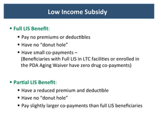 § Full	
  LIS	
  Beneﬁt:	
  
§  Pay	
  no	
  premiums	
  or	
  deducBbles	
  
§  Have	
  no	
  “donut	
  hole”	
  
§  Have	
  small	
  co-­‐payments	
  –	
  	
  
	
  	
  	
  (Beneﬁciaries	
  with	
  Full	
  LIS	
  in	
  LTC	
  faciliBes	
  or	
  enrolled	
  in	
  
	
  	
  	
  the	
  PDA	
  Aging	
  Waiver	
  have	
  zero	
  drug	
  co-­‐payments)	
  
	
  
§ Par-al	
  LIS	
  Beneﬁt:	
  
§  Have	
  a	
  reduced	
  premium	
  and	
  deducBble	
  
§  Have	
  no	
  “donut	
  hole”	
  
§  Pay	
  slightly	
  larger	
  co-­‐payments	
  than	
  full	
  LIS	
  beneﬁciaries	
  	
  
	
  
	
  	
  
	
  Low	
  Income	
  Subsidy	
  	
  	
  
 