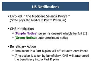 § Enrolled in the Medicare Savings Program
(State pays the Medicare Part B Premium)
§ CMS Notification
§  (Purple Notice) person is deemed eligible for full LIS
§  (Green Notice) auto-enrollment notice
§ Beneficiary Action
§  Enrollment in a Part D plan will off-set auto-enrollment
§  If no action is taken by beneficiary, CMS will auto-enroll
the beneficiary into a Part D plan
LIS	
  No-ﬁca-ons
 