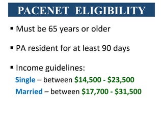 PACENET ELIGIBILITY
§ Must	
  be	
  65	
  years	
  or	
  older	
  
§ PA	
  resident	
  for	
  at	
  least	
  90	
  days	
  	
  
§ Income	
  guidelines:	
  	
  	
  	
  	
  	
  	
  	
  	
  	
  	
  	
  	
  	
  	
  	
  	
  	
  	
  	
  	
  	
  	
  
	
  	
  	
  Single	
  –	
  between	
  $14,500	
  -­‐	
  $23,500	
  
	
  	
  	
  Married	
  –	
  between	
  $17,700	
  -­‐	
  $31,500	
  
 
