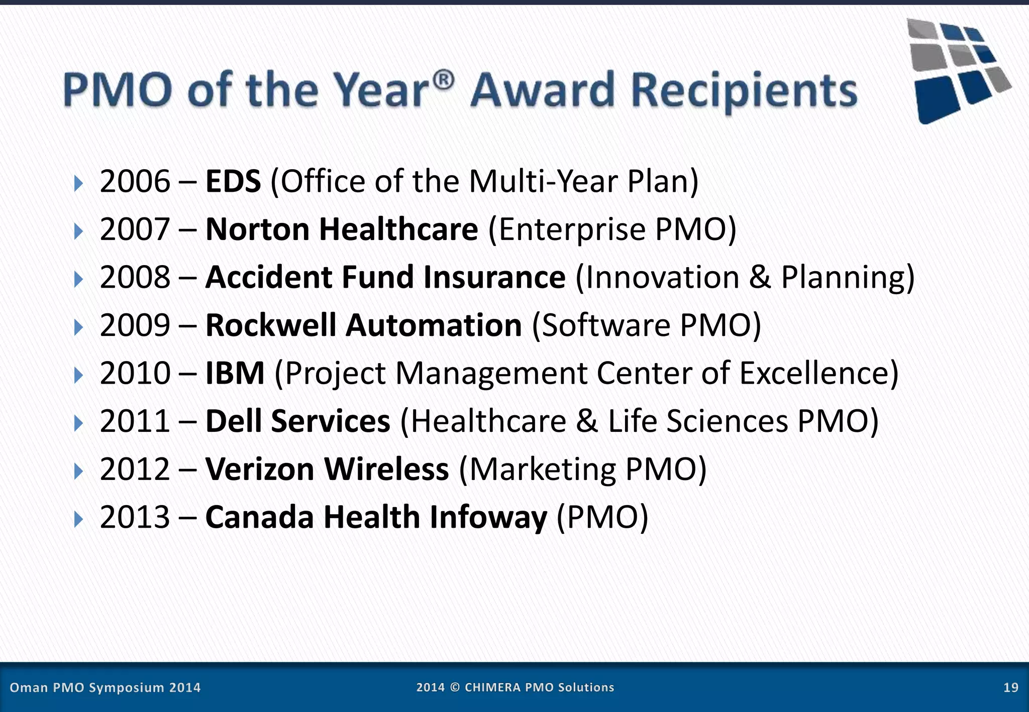  2006 – EDS (Office of the Multi-Year Plan)
 2007 – Norton Healthcare (Enterprise PMO)
 2008 – Accident Fund Insurance (Innovation & Planning)
 2009 – Rockwell Automation (Software PMO)
 2010 – IBM (Project Management Center of Excellence)
 2011 – Dell Services (Healthcare & Life Sciences PMO)
 2012 – Verizon Wireless (Marketing PMO)
 2013 – Canada Health Infoway (PMO)
 