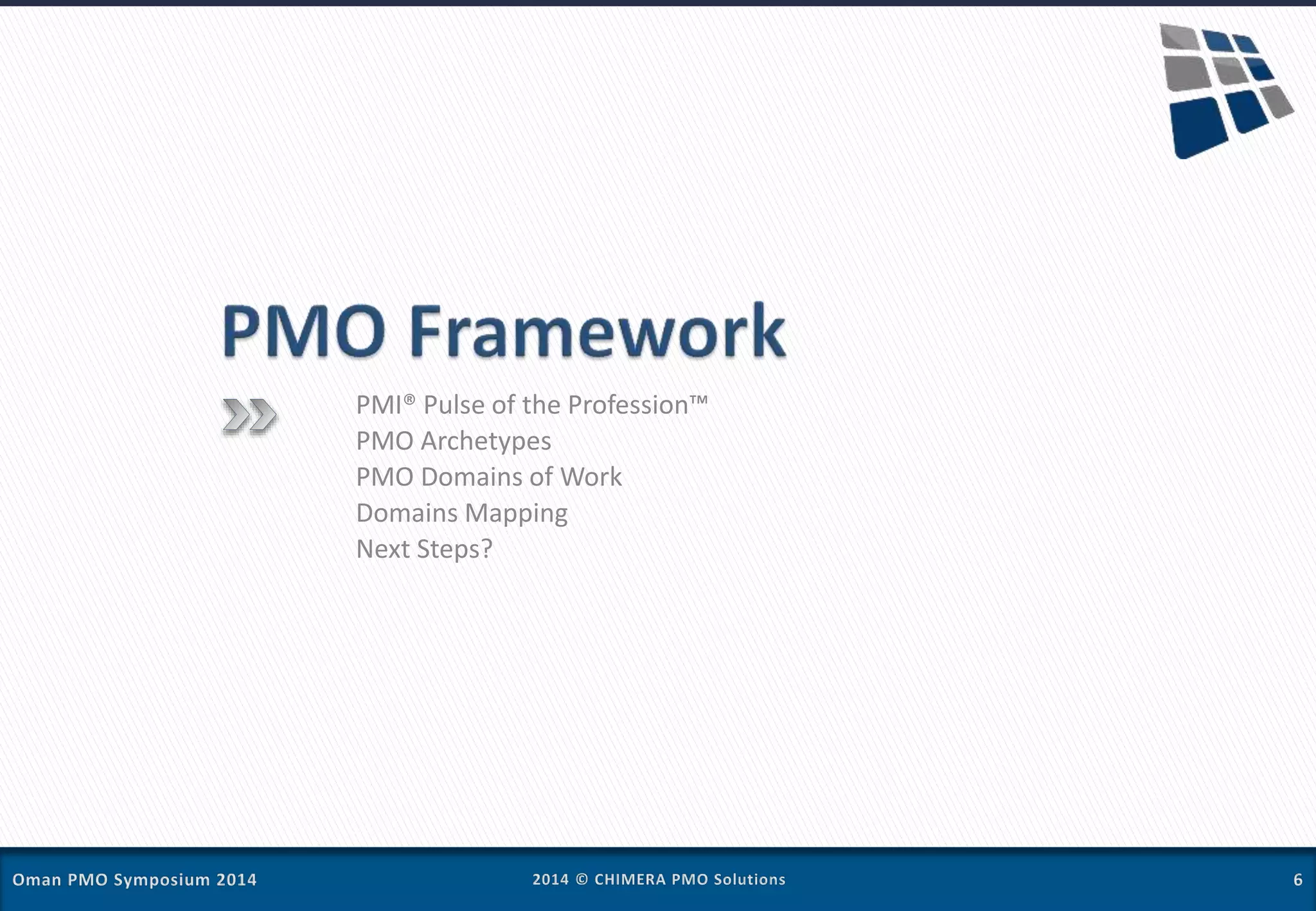 PMI® Pulse of the Profession™
PMO Archetypes
PMO Domains of Work
Domains Mapping
Next Steps?
 