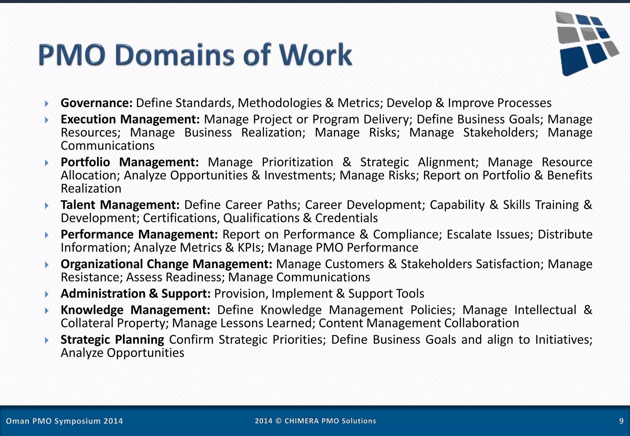 Governance: Define Standards, Methodologies & Metrics; Develop & Improve Processes
 Execution Management: Manage Project or Program Delivery; Define Business Goals; Manage
Resources; Manage Business Realization; Manage Risks; Manage Stakeholders; Manage
Communications
 Portfolio Management: Manage Prioritization & Strategic Alignment; Manage Resource
Allocation; Analyze Opportunities & Investments; Manage Risks; Report on Portfolio & Benefits
Realization
 Talent Management: Define Career Paths; Career Development; Capability & Skills Training &
Development; Certifications, Qualifications & Credentials
 Performance Management: Report on Performance & Compliance; Escalate Issues; Distribute
Information; Analyze Metrics & KPIs; Manage PMO Performance
 Organizational Change Management: Manage Customers & Stakeholders Satisfaction; Manage
Resistance; Assess Readiness; Manage Communications
 Administration & Support: Provision, Implement & Support Tools
 Knowledge Management: Define Knowledge Management Policies; Manage Intellectual &
Collateral Property; Manage Lessons Learned; Content Management Collaboration
 Strategic Planning Confirm Strategic Priorities; Define Business Goals and align to Initiatives;
Analyze Opportunities
 
