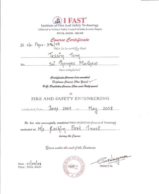 Dip. in Fire and Safety Engineering from I FAST