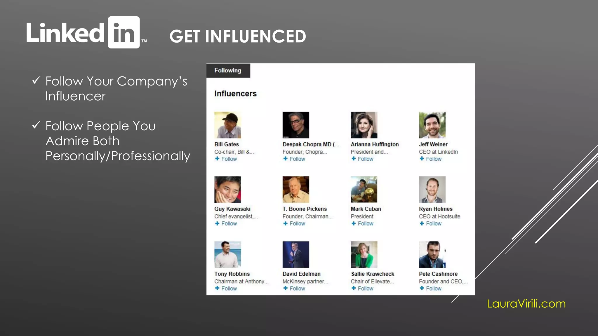 GET INFLUENCED
 Follow Your Company’s
Influencer
 Follow People You
Admire Both
Personally/Professionally
LauraVirili.com
 