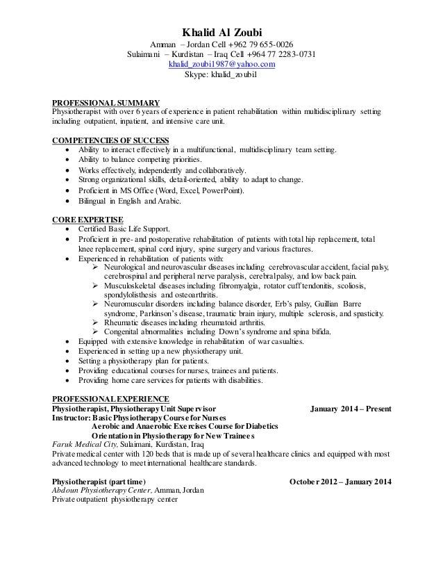 resume of physiotherapist
