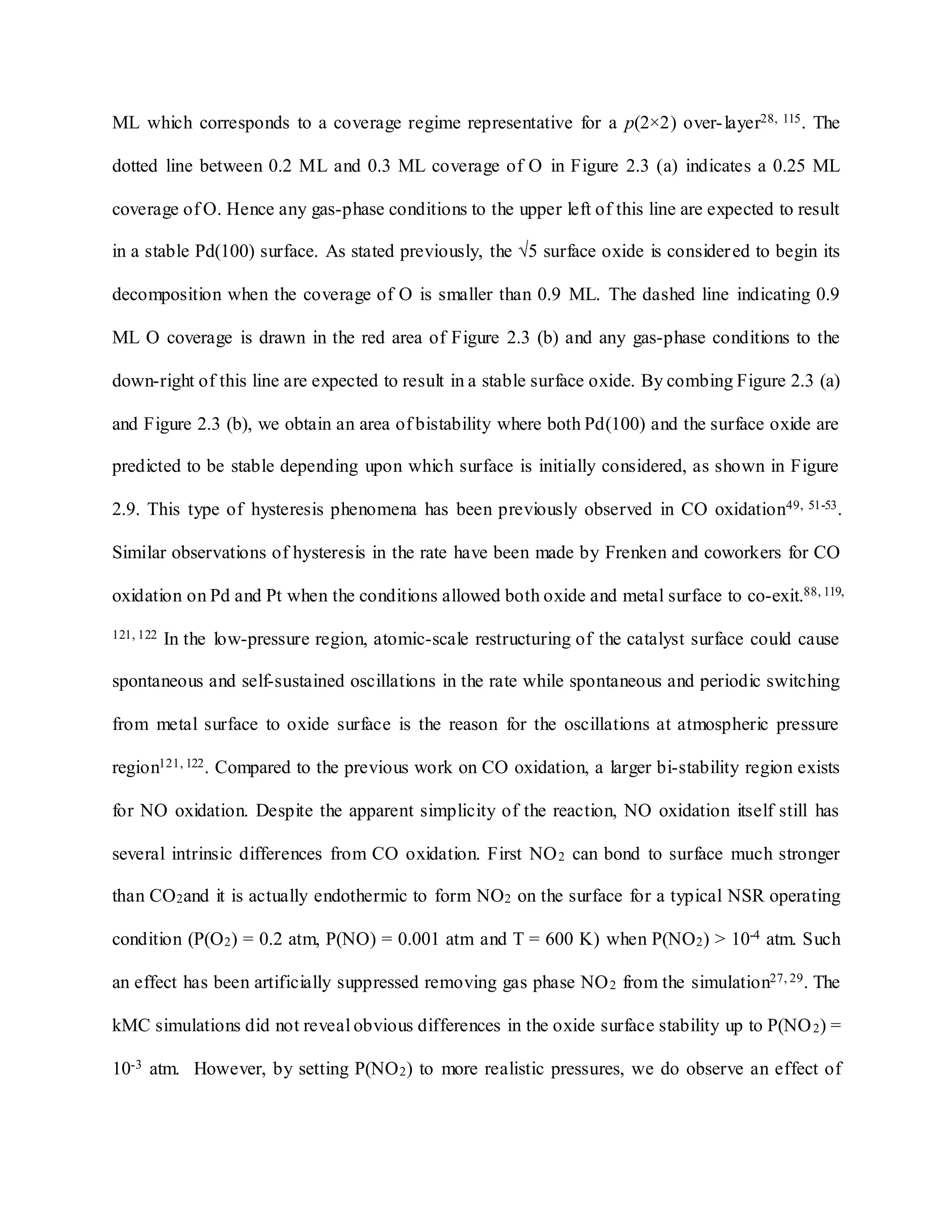 ML which corresponds to a coverage regime representative for a p(2×2) over-layer28, 115. The
dotted line between 0.2 ML and 0.3 ML coverage of O in Figure 2.3 (a) indicates a 0.25 ML
coverage of O. Hence any gas-phase conditions to the upper left of this line are expected to result
in a stable Pd(100) surface. As stated previously, the √5 surface oxide is considered to begin its
decomposition when the coverage of O is smaller than 0.9 ML. The dashed line indicating 0.9
ML O coverage is drawn in the red area of Figure 2.3 (b) and any gas-phase conditions to the
down-right of this line are expected to result in a stable surface oxide. By combing Figure 2.3 (a)
and Figure 2.3 (b), we obtain an area of bistability where both Pd(100) and the surface oxide are
predicted to be stable depending upon which surface is initially considered, as shown in Figure
2.9. This type of hysteresis phenomena has been previously observed in CO oxidation49, 51-53.
Similar observations of hysteresis in the rate have been made by Frenken and coworkers for CO
oxidation on Pd and Pt when the conditions allowed both oxide and metal surface to co-exit.88, 119,
121, 122 In the low-pressure region, atomic-scale restructuring of the catalyst surface could cause
spontaneous and self-sustained oscillations in the rate while spontaneous and periodic switching
from metal surface to oxide surface is the reason for the oscillations at atmospheric pressure
region121, 122. Compared to the previous work on CO oxidation, a larger bi-stability region exists
for NO oxidation. Despite the apparent simplicity of the reaction, NO oxidation itself still has
several intrinsic differences from CO oxidation. First NO2 can bond to surface much stronger
than CO2and it is actually endothermic to form NO2 on the surface for a typical NSR operating
condition (P(O2) = 0.2 atm, P(NO) = 0.001 atm and T = 600 K) when P(NO2) > 10-4 atm. Such
an effect has been artificially suppressed removing gas phase NO2 from the simulation27, 29. The
kMC simulations did not reveal obvious differences in the oxide surface stability up to P(NO2) =
10-3 atm. However, by setting P(NO2) to more realistic pressures, we do observe an effect of
 