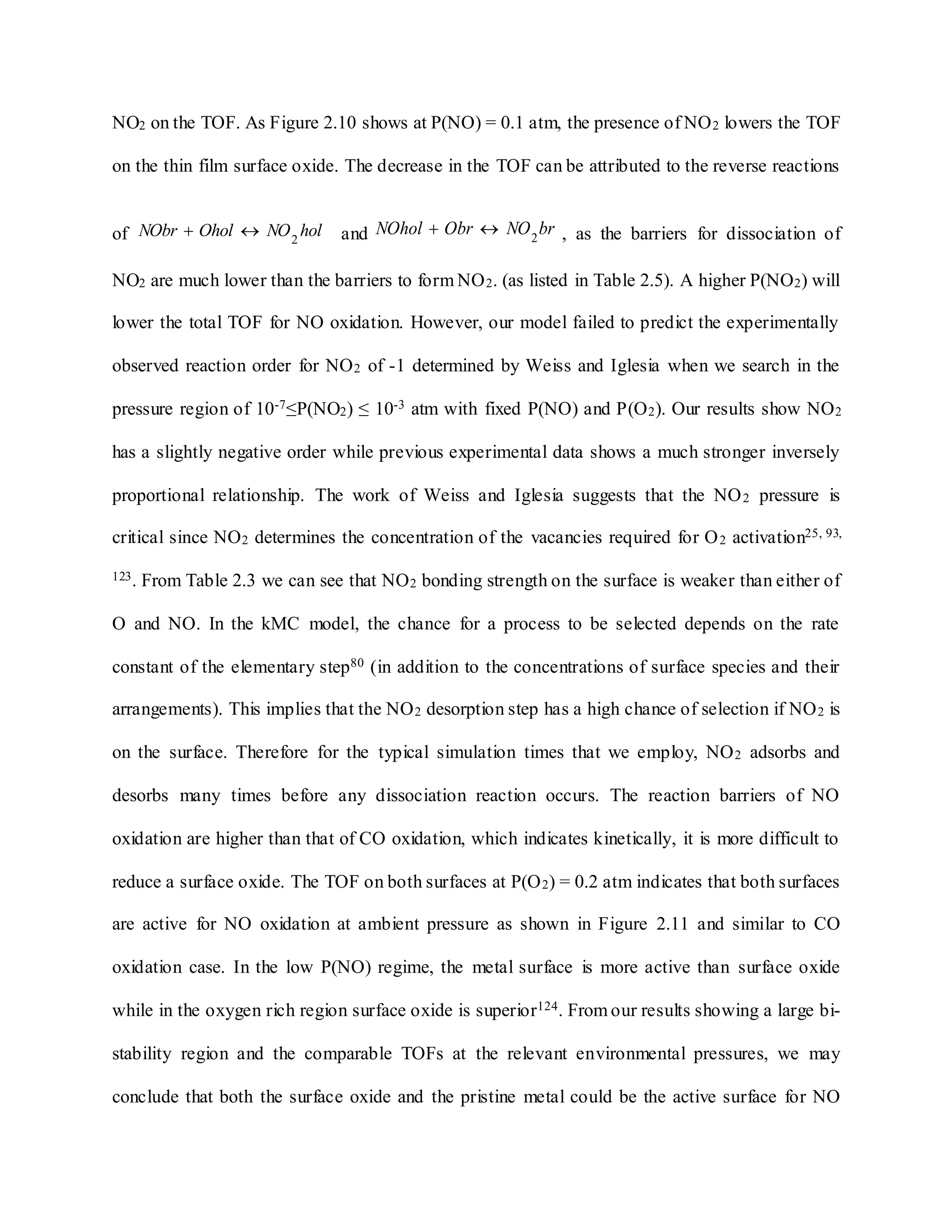 NO2 on the TOF. As Figure 2.10 shows at P(NO) = 0.1 atm, the presence of NO2 lowers the TOF
on the thin film surface oxide. The decrease in the TOF can be attributed to the reverse reactions
of holNOOholNObr 2
 and brNOObrNOhol 2
 , as the barriers for dissociation of
NO2 are much lower than the barriers to form NO2. (as listed in Table 2.5). A higher P(NO2) will
lower the total TOF for NO oxidation. However, our model failed to predict the experimentally
observed reaction order for NO2 of -1 determined by Weiss and Iglesia when we search in the
pressure region of 10-7≤P(NO2) ≤ 10-3 atm with fixed P(NO) and P(O2). Our results show NO2
has a slightly negative order while previous experimental data shows a much stronger inversely
proportional relationship. The work of Weiss and Iglesia suggests that the NO2 pressure is
critical since NO2 determines the concentration of the vacancies required for O2 activation25, 93,
123. From Table 2.3 we can see that NO2 bonding strength on the surface is weaker than either of
O and NO. In the kMC model, the chance for a process to be selected depends on the rate
constant of the elementary step80 (in addition to the concentrations of surface species and their
arrangements). This implies that the NO2 desorption step has a high chance of selection if NO2 is
on the surface. Therefore for the typical simulation times that we employ, NO2 adsorbs and
desorbs many times before any dissociation reaction occurs. The reaction barriers of NO
oxidation are higher than that of CO oxidation, which indicates kinetically, it is more difficult to
reduce a surface oxide. The TOF on both surfaces at P(O2) = 0.2 atm indicates that both surfaces
are active for NO oxidation at ambient pressure as shown in Figure 2.11 and similar to CO
oxidation case. In the low P(NO) regime, the metal surface is more active than surface oxide
while in the oxygen rich region surface oxide is superior124. From our results showing a large bi-
stability region and the comparable TOFs at the relevant environmental pressures, we may
conclude that both the surface oxide and the pristine metal could be the active surface for NO
 