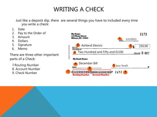 WRITING A CHECK
Just like a deposit slip, there are several things you have to included every time
you write a check:
1. Date
2. Pay to the Order of
3. Amount
4. Dollars
5. Signature
6. Memo
7.Routing Number
8. Account Number
9. Check Number
There are three other important
parts of a Check:
1/1/2013
Ashland Electric 250.00
Two Hundred and Fifty and 0/100
December Bill
Jane Smith
1
2 3
4
5
6
7
8
9
 