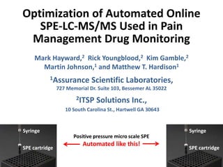 Optimization of Automated Online
SPE-LC-MS/MS Used in Pain
Management Drug Monitoring
Mark Hayward,2 Rick Youngblood,2 Kim Gamble,2
Martin Johnson,1 and Matthew T. Hardison1
1Assurance Scientific Laboratories,
727 Memorial Dr. Suite 103, Bessemer AL 35022
2ITSP Solutions Inc.,
10 South Carolina St., Hartwell GA 30643
SPE cartridge
Syringe
SPE cartridge
Syringe
Positive pressure micro scale SPE
Automated like this!
 