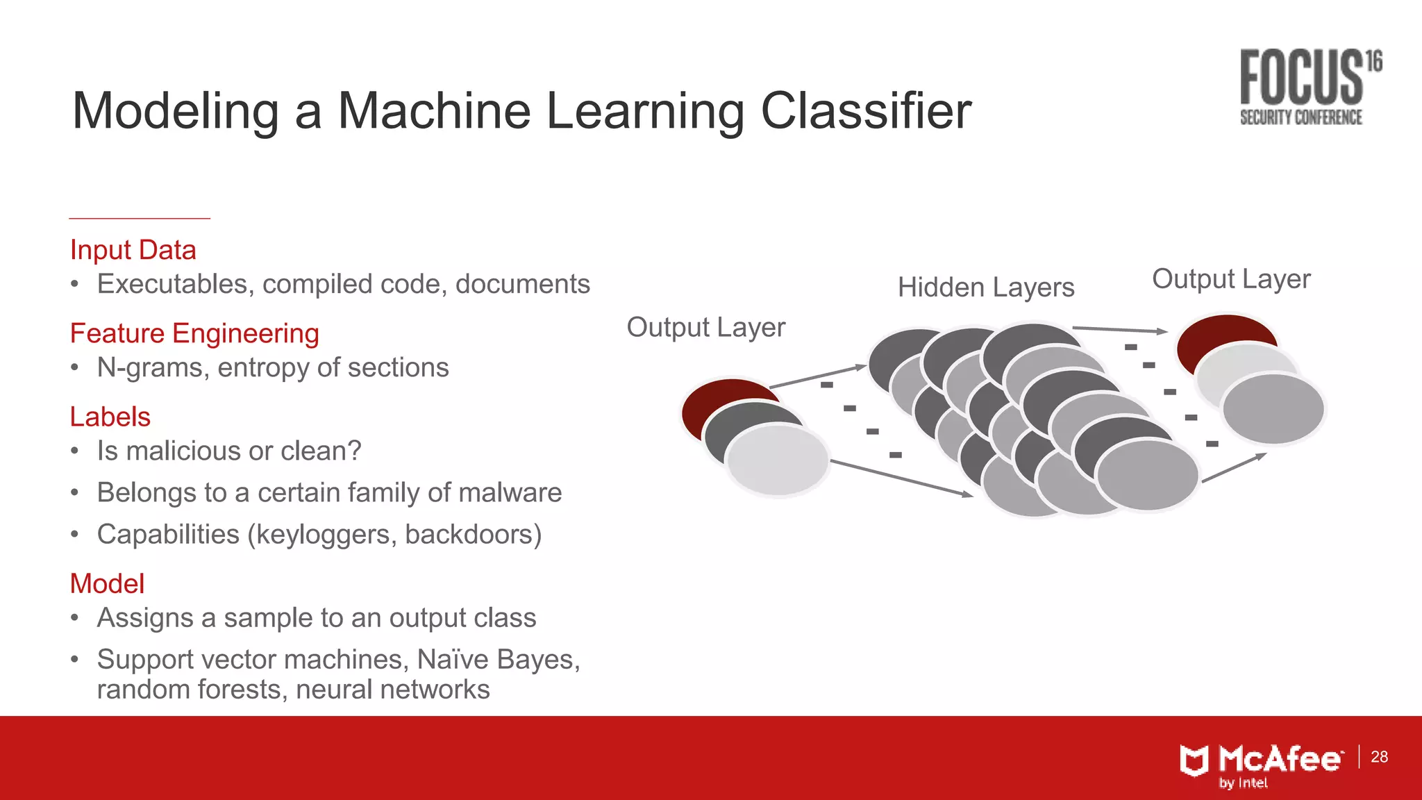 28
Modeling a Machine Learning Classifier
Input Data
• Executables, compiled code, documents
Feature Engineering
• N-grams, entropy of sections
Labels
• Is malicious or clean?
• Belongs to a certain family of malware
• Capabilities (keyloggers, backdoors)
Model
• Assigns a sample to an output class
• Support vector machines, Naïve Bayes,
random forests, neural networks
Output Layer
Hidden Layers Output Layer
 
