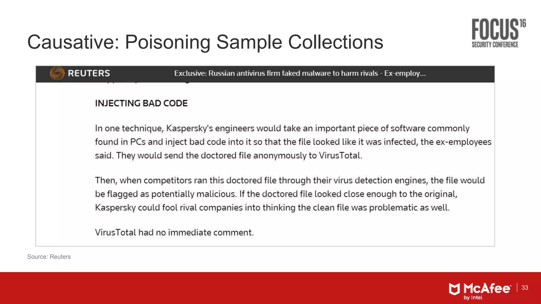 33
Causative: Poisoning Sample Collections
Source: Reuters
 