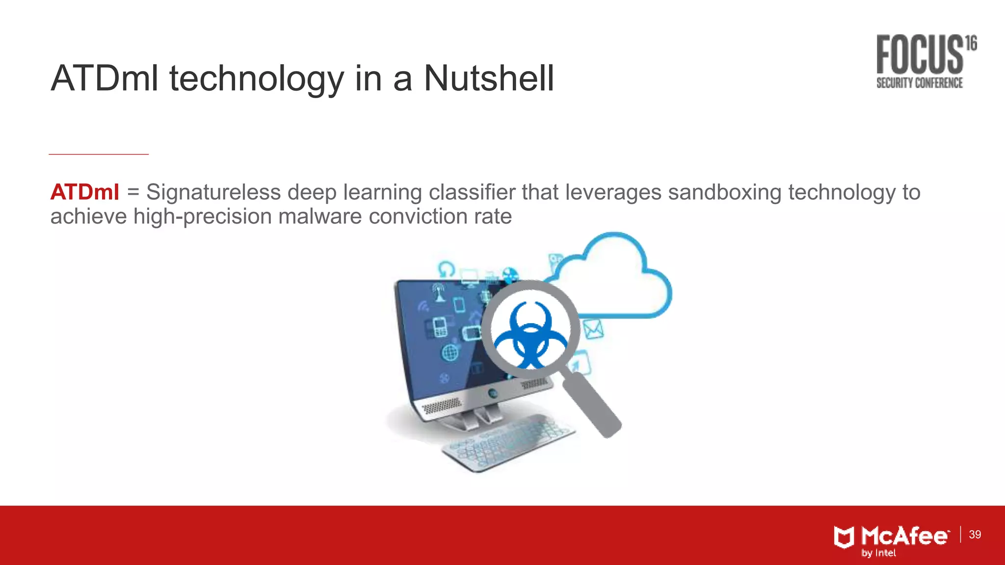 39
ATDml technology in a Nutshell
ATDml = Signatureless deep learning classifier that leverages sandboxing technology to
achieve high-precision malware conviction rate
 