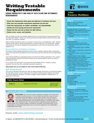 Richard Bender has more than 40 years of experience in software with a primary focus
on testing and quality assurance. He has consulted internationally to large and small
corporations, government agencies, and the military. Richard’s work has included a
wide variety of application classes and technology bases from embedded systems to
super computer-based systems—and everything in between—consulting to both vendors
and IT departments alike. He has been active in establishing industry standards for
software quality and is a frequent speaker at conferences, universities, and corporate events. For his
breakthroughs on code-based testing, Richard was one of the first programmers ever awarded IBM’s
Outstanding Invention Award.
Additional instructors for this course include Bill Lewis and Gary Mogyorodi.
Instructor Spotlight
Writing Testable
Requirements
Higher Productivity and Quality with Clear and Actionable
Requirements
Clear, actionable, accurate, and complete requirements are a key component for having productive teams
and high quality software—whether your development lifecycle employs detailed requirements specs, agile
story cards, or something in between.
Without testable requirements, there is no real way to ensure that you are developing the “right” software—
software that will meet the needs and expectations of customers and users. Just as important, testable
requirements are the basis for designing and executing tests to confirm that the software does what it’s
supposed to do.
Focus Up-Front on Problem Avoidance
The hands-on Writing Testable Requirements course focuses on problem avoidance before coding starts—
how to write requirements accurately the first time and ensure that the product will meet your organization’s
needs.
Learn practical guidelines for describing processes and data within software specifications. Then, practice
writing requirements statements that have the clarity and the necessary detail to become the basis for
developing test cases.
You can apply these techniques to any requirements documentation format—company or industry
standards—and use them within automated requirements repositories.
Bring samples from your own projects to work on and evaluate during class.
Who Should Attend?
This course is intended to help those who write and review functional requirements—and those who develop
and test systems based on those requirements. The audience includes business analysts, test analysts,
requirements engineers, developers, and project managers. Finding Ambiguities in Requirements is a
prerequisite for this class.
TW Tampa, FL	 November 15–16, 2011
$ Ensure that requirements reflect goals and objectives of customers and users
$ Write clear and actionable requirements statements the first time
$ Verify that requirements are explicit, quantifiable, and understandable
$ Identify and avoid missing and incorrect requirements
$ Reduce the time and cost to deliver the right software
$ Reduce errors, rework, and frustration
Public Course Dates
TW Indicates a Training
Week course. See
page 3 for details.
Why Good Requirements Are
Critical
Impact on costs of development
Impact on schedules
Characteristics of testable requirements
Common Requirements Issues
Identifying all classes of requirements
Identifying the major requirements components
Organizing the requirements specification/
database
Ensuring sufficient detail in the requirements
templates
Writing Style Guidelines and
Practices
Naming conventions
Documenting data stores and data flows
Clarifying the boundary between requirements
and design
Creating the initial process model—clarifying
scope
Exercise: Create an initial process model for the
class project
Documenting use cases, functions, and external
entities
Ensuring readability without ambiguity
Making requirements explicit instead of implicit
The four building blocks of decision logic
Reducing complexity in decision rules
Documenting simple and complex transforms
Exercise: Rewrite ambiguous specifications
Impact of design and technology on requirements
Difference between structured English and
pseudo-code
Exercise: Write the detailed requirements for the
class project
Tuning the Requirements
Process
Rapid prototyping and RAD
Agile methodologies
New development
Maintenance
Third-party packages
Technology conversions, rewrites, and
re-engineering
Automated Requirements
Management
RM tools as a requirements database
Migrating from documents to requirements
databases
Moving beyond simple version control and
traceability
Key features to support ambiguity reviews
Building templates into RM tools
Building automatic verification into RM tools
Requirements optimization wizards
2-Day
Course Outline:
Course Link: www.sqetraining.com/wtr
Public
Learning Options
To register, call 888.268.8770 or 904.278.0524 • www.sqetraining.com • On-site training information, email onsitetraining@sqe.com
25
 