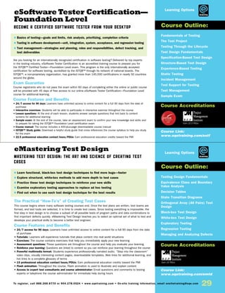 29To register, call 888.268.8770 or 904.278.0524 • www.sqetraining.com • On-site training information, email onsitetraining@sqe.com
eSoftware Tester Certification—
Foundation Level
Become a Certified Software Tester from Your Desktop
eMastering Test Design
Mastering Test Design: The Art and Science of Creating Test
Cases
Are you looking for an internationally recognized certification in software testing? Delivered by top experts
in the testing industry, eSoftware Tester Certification is an accredited training course to prepare you for
the ISTQB™ Certified Tester—Foundation Level exam. This program is the only internationally accepted
certification for software testing, accredited by the ISTQB™ through its network of national boards. The
ISTQB™, a non-proprietary organization, has granted more than 145,000 certifications in nearly 50 countries
around the globe.
Exam Guarantee
Course registrants who do not pass the exam within 60 days of completing either the online or public course
will be provided with 45 days of free access to our online eSoftware Tester Certification—Foundation Level
course for additional learning.
Course Features and Benefits
• 24/7 access for 90 days: Learners have unlimited access to online content for a full 90 days from the date of
purchase
• Interactive exercises: Students will be able to participate in interactive exercise throughout the course
• Lesson questions: At the end of each lesson, students answer sample questions that link back to content
screens for additional learning
• Sample exam: At the end of the course, take an assessment exam to confirm your new knowledge and skills and
to prepare for taking the ISTQB™ Foundation Level certification exam
• Course manual: The course includes a 400-plus-page downloadable course manual
• ISTQB™ Study guide: Download a helpful study guide that cross references the course syllabus to help you study
for the exam
• 22.5 professional education contact hours/PDUs: Earn professional education credits toward the PMI
The Practical “How-To’s” of Creating Test Cases
This course begins where many software testing courses end. Once the test plans are written, test teams are
formed, and test tools are selected, it is time to create test cases. Since testing everything is impossible, the
first step in test design is to choose a subset of all possible tests of program paths and data combinations to
find important defects quickly. eMastering Test Design teaches you to select an optimal set of what to test and
develops your practical skills to become a better test engineer.
Course Features and Benefits
• 24/7 access for 90 days: Learners have unlimited access to online content for a full 90 days from the date
of purchase
• Tutorials: Learners will experience tutorials that place content into real world situations
• Exercises: The course contains exercises that help you immediately apply your new learning
• Assessment questions: These questions are throughout the course and help you evaluate your learning
• Reinforce your learning: Questions are linked to content so you can reinforce your learning throughout the course
• Powerful multimedia format: Students experience professionally narrated audio. “Step into the classroom”
video clips, visually interesting content pages, downloadable templates, Web links for additional learning, and
hot links to a complete glossary of terms
• 15 professional education contact hours/PDUs: Earn professional education credits toward the PMI
• Flash animation: Throughout the course, Flash animation is used to illustrate and explain content
• Access to expert test consultants and course administrator: Email questions and comments to testing
experts or telephone the course administrator for immediate help during hours
Fundamentals of Testing
The Test Project
Testing Through the Lifecycle
Test Design Fundamentals
Specification-Based Test Design
Structure-Based Test Design
Experience-Based Testing
Static Testing
Incident Management
Tool Support for Testing
Test Management
Sample Exam
Testing Design Fundamentals
Equivalence Class and Boundary
Value Analysis
Decision Tables
State Transition Diagrams
Orthogonal Array (All Pairs) Test
Design
Black-box Test Design
White-box Test Design
Exploratory Testing
Regression Testing
Managing and Analyzing Defects
$ Basics of testing—goals and limits, risk analysis, prioritizing, completion criteria
$ Testing in software development—unit, integration, system, acceptance, and regression testing
$ Test management—strategies and planning, roles and responsibilities, defect tracking, and
test deliverables
$ Learn functional, black-box test design techniques to find more bugs—faster
$ Explore structural, white-box methods to add more depth to test cases
$ Practice these test design techniques to reinforce your new skills
$ Examine exploratory testing approaches to replace ad hoc testing
$ Find out when to use each test design technique for the best results
Course Outline:
Course Outline:
Course Link:
www.sqetraining.com/estf
Course Link:
www.sqetraining.com/emtd
eLearning
eLearning
Course Accreditations
Course Accreditations
Earn 22.5 PDUs
Earn 15 PDUs
Learning Options
Learning Options
 