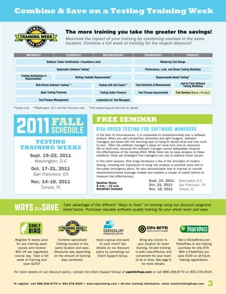waystosave
A
N
D S A V
E
C
OM BIN
E
TrAining WeeK
3To register, call 888.268.8770 or 904.278.0524 • www.sqetraining.com • On-site training information, email onsitetraining@sqe.com
Early
Bird
Combine  Save on a Testing Training Week
The more training you take the greater the savings!
Maximize the impact of your training by combining courses in the same
location. Combine a full week of training for the largest discount!
TESTING
training weeks
Sept. 19–23, 2011
Washington, D.C
Oct. 17–21, 2011
San Francisco, CA
Nov. 14–18, 2011
Tampa, FL
A
N
D S A V
E
C OM BIN
E
TrAining WeeK
Register 6 weeks prior
for any training week
course and receive
$50 off per registered
course day. Take a full
week of training and
save $250!
Combine specialized
training courses in the
same location and save.
Discounts vary depending
on the amount of training
days combined.
Have a group and want
to save more? Get
details on our discount
policy by contacting our
Client Support Group.
Bring any course to
your location for team
training. On-site training
is both cost-effective and
convenient for your team
of six or more. See page 6
for more details.
Add a StickyMinds.com
PowerPass to any training
purchase for only $79.
With a PowerPass you
save $100 on all future
training registrations.
Take advantage of the different “Ways to Save” on training using our discount programs
listed below. Purchase valuable software quality training for your whole team and save.
For more details on our discount policy, contact the Client Support Group at sqeinfo@sqe.com or call 888.268.8770 or 904.278.0524.
FALL
monday tuesday wednesday thursday friday
Software Tester Certification—Foundation Level Mastering Test Design
Test Estimation  Measurement
Just-In-Time Software
Testing Workshop
Free Seminar (9 a.m. – 11 a.m.)†Test Process Improvement
Performance, Load, and Stress Testing Workshop
Requirements-Based Testing*
Systematic Software Testing*
Risk-Driven Software Testing**
Writing Testable Requirements*
Agile Testing Practices
Test Process Management
Testing Under Pressure
Testing with Use Cases**
Finding Ambiguities in
Requirements*
Leadership for Test Managers
*Tampa only **Washington, D.C. and San Francisco only † Visit sqetraining.com/Seminar for details
Risk-Based Testing for Software Managers
In the best of circumstances, it is impossible to comprehensively test a software
product. When you add competitive schedules and tight budgets, software
managers are faced with the daunting task of trying to decide what and how much
to test. Often the software manager’s pleas for more time and/or resources
fall on deaf ears, because the software manager cannot adequately measure
the effectiveness of the testing effort. While there are no easy answers to these
problems, there are strategies that managers can use to address these issues.
In this short session, Rick Craig introduces a few of the principles of modern
testing, including the importance of using risk analysis to prioritize tests and to
formulate contingency plans. He also demonstrates how to improve on normal
requirements-based coverage models and explains a couple of useful metrics to
measure test effectiveness.
Seminar Hours
9 a.m. – 11 a.m.
Breakfast Included
free seminar
Sept. 23, 2011	 Washington D.C
Oct. 21, 2011	 San Francisco, CA
Nov. 18, 2011	 Tampa, FL
 