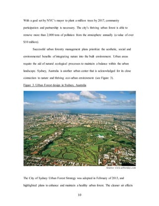 10
With a goal set by NYC’s mayor to plant a million trees by 2017, community
participation and partnership is necessary. The city’s thriving urban forest is able to
remove more than 2,000 tons of pollution from the atmosphere annually (a value of over
$10 million).
Successful urban forestry management plans prioritize the aesthetic, social and
environmental benefits of integrating nature into the built environment. Urban areas
require the aid of natural ecological processes to maintain a balance within the urban
landscape. Sydney, Australia is another urban center that is acknowledged for its close
connection to nature and thriving eco-urban environment (see Figure 3).
Figure 3. Urban Forest design in Sydney, Australia
Source: www.arborday.com
The City of Sydney Urban Forest Strategy was adopted in February of 2013, and
highlighted plans to enhance and maintain a healthy urban forest. The cleaner air effects
 