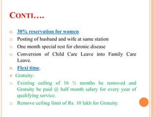 CONTI….
1) 30% reservation for women
2) Posting of husband and wife at same station
3) One month special rest for chronic disease
4) Conversion of Child Care Leave into Family Care
Leave.
5) Flexi time.
 Gratuity:
1) Existing ceiling of 16 ½ months be removed and
Gratuity be paid @ half month salary for every year of
qualifying service.
2) Remove ceiling limit of Rs. 10 lakh for Gratuity.
 