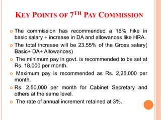 KEY POINTS OF 7TH PAY COMMISSION
 The commission has recommended a 16% hike in
basic salary + increase in DA and allowances like HRA.
 The total increase will be 23.55% of the Gross salary(
Basic+ DA+ Allowances)
 The minimum pay in govt. is recommended to be set at
Rs. 18,000 per month.
 Maximum pay is recommended as Rs. 2,25,000 per
month.
 Rs. 2,50,000 per month for Cabinet Secretary and
others at the same level.
 The rate of annual increment retained at 3%.
 