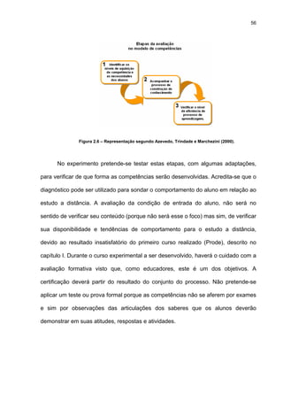 56
Figura 2.6 – Representação segundo Azevedo, Trindade e Marchezini (2000).
No experimento pretende-se testar estas etapas, com algumas adaptações,
para verificar de que forma as competências serão desenvolvidas. Acredita-se que o
diagnóstico pode ser utilizado para sondar o comportamento do aluno em relação ao
estudo a distância. A avaliação da condição de entrada do aluno, não será no
sentido de verificar seu conteúdo (porque não será esse o foco) mas sim, de verificar
sua disponibilidade e tendências de comportamento para o estudo a distância,
devido ao resultado insatisfatório do primeiro curso realizado (Prode), descrito no
capítulo I. Durante o curso experimental a ser desenvolvido, haverá o cuidado com a
avaliação formativa visto que, como educadores, este é um dos objetivos. A
certificação deverá partir do resultado do conjunto do processo. Não pretende-se
aplicar um teste ou prova formal porque as competências não se aferem por exames
e sim por observações das articulações dos saberes que os alunos deverão
demonstrar em suas atitudes, respostas e atividades.
 