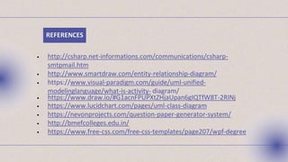 REFERENCES
• http://csharp.net-informations.com/communications/csharp-
smtpmail.htm
• http://www.smartdraw.com/entity-relationship-diagram/
• https://www.visual-paradigm.com/guide/uml-unified-
modelinglanguage/what-is-activity- diagram/
• https://www.draw.io/#G1acnFPUPXtZHjaUpan6gIQTfW8T-2RINj
• https://www.lucidchart.com/pages/uml-class-diagram
• https://nevonprojects.com/question-paper-generator-system/
• http://bmefcolleges.edu.in/
• https://www.free-css.com/free-css-templates/page207/wpf-degree
 