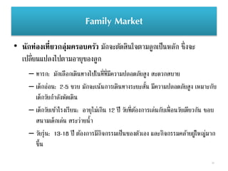 Family Market
• นักท่องเที่ยวกลุ่มครอบครัว มักจะตัดสินใจตามลูกเป็นหลัก ซึ่งจะ
เปลี่ยนแปลงไปตามอายุของลูก
34
– ทารก: มักเลือกเดินทางไปในที่ที่มีความปลอดภัยสูง สะดวกสบาย
– เด็กอ่อน: 2-5 ขวบ มักจะเน้นการเดินทางระยะสั้น มีความปลอดภัยสูง เหมาะกับ
เด็กวัยกาลังหัดเดิน
– เด็กวัยเข้าโรงเรียน: อายุไม่เกิน 12 ปี วัยที่ต้องการเล่นกับเพื่อนวัยเดียวกัน ชอบ
สนามเด็กเล่น สระว่ายน้า
– วัยรุ่น: 13-18 ปี ต้องการมีกิจกรรมเป็นของตัวเอง และกิจกรรมคล้ายผู้ใหญ่มาก
ขึ้น
 