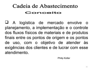  A logística de mercado envolve o
planejamento, a implementação e o controle
dos fluxos físicos de materiais e de produtos
finais entre os pontos de origem e os pontos
de uso, com o objetivo de atender às
exigências dos clientes e de lucrar com esse
atendimento.
Philip Kotler

10

 