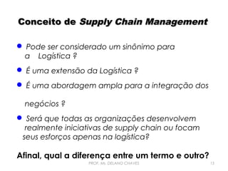 Conceito de Supply Chain Management
 Pode ser considerado um sinônimo para
a Logística ?
 É uma extensão da Logística ?
 É uma abordagem ampla para a integração dos
negócios ?
 Será que todas as organizações desenvolvem
realmente iniciativas de supply chain ou focam
seus esforços apenas na logística?

Afinal, qual a diferença entre um termo e outro?
PROF. Ms. DELANO CHAVES

15

 