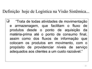 Definição hoje de Logística na Visão Sistêmica...


“Trata de todas atividades de movimentação
e armazenagem, que facilitam o fluxo de
produtos desde o ponto de aquisição da
matéria-prima até o ponto de consumo final,
assim como dos fluxos de informação que
colocam os produtos em movimento, com o
propósito de providenciar níveis de serviço
adequados aos clientes a um custo razoável.”

20

 