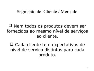 Segmento de Cliente / Mercado
 Nem todos os produtos devem ser
fornecidos ao mesmo nível de serviços
ao cliente.
 Cada cliente tem expectativas de
nível de serviço distintas para cada
produto.
25

 