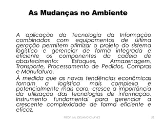 As Mudanças no Ambiente
A aplicação da Tecnologia da Informação
combinadas com equipamentos de última
geração permitem otimizar o projeto do sistema
logístico e gerenciar de forma integrada e
eficiente os componentes da cadeia de
abastecimento:
Estoques,
Armazenagem,
Transporte, Processamento de Pedidos, Compras
e Manufatura.
À medida que as novas tendências econômicas
tornam
a
logística
mais
complexa
e
potencialmente mais cara, cresce a importância
da utilização das tecnologias de informação,
instrumento fundamental para gerenciar a
crescente complexidade de forma eficiente e
eficaz.
PROF. Ms. DELANO CHAVES

33

 