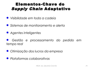 Elementos-Chave do
Supply Chain Adaptativo
 Visibilidade em toda a cadeia
 Sistemas de monitoramento e alerta
 Agentes inteligentes
 Gestão e processamento do pedido em
tempo real
 Otimização dos lucros da empresa
 Plataformas colaborativas
PROF. Ms. DELANO CHAVES

79

 