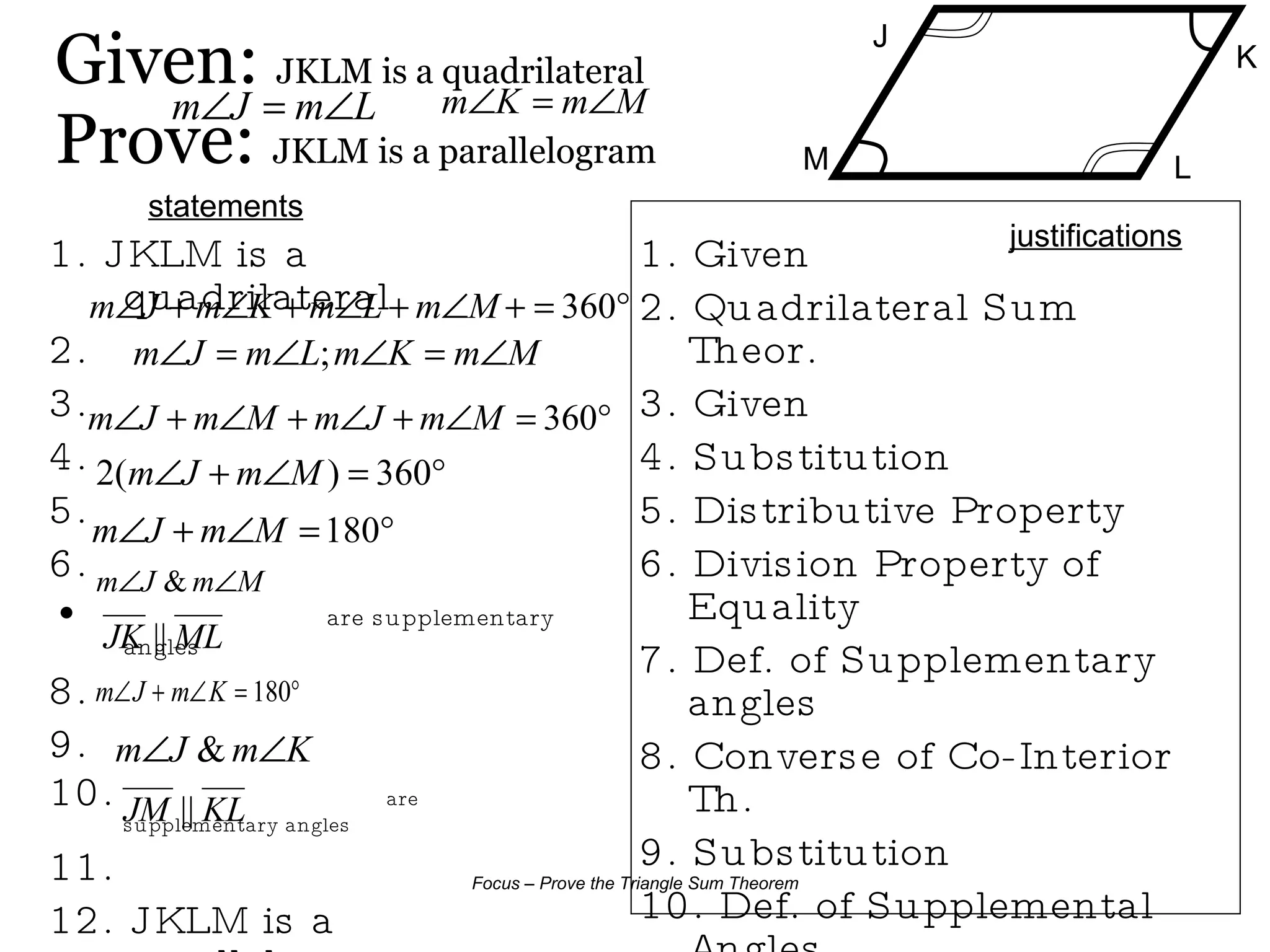 Given:  JKLM is a quadrilateral Prove:  JKLM is a parallelogram   1. JKLM is a quadrilateral 2.  3. 4. 5. 6. are supplementary angles 8. 9. 10.  are supplementary angles 11. 12. JKLM is a parallelogram 1. Given 2. Quadrilateral Sum Theor. 3. Given 4. Substitution 5. Distributive Property 6. Division Property of Equality 7. Def. of Supplementary angles 8. Converse of Co-Interior Th. 9. Substitution 10. Def. of Supplemental Angles 11.  Chuck Taylor Co-Interior Th. 12. Def. of Parallelogram M J L K statements justifications 