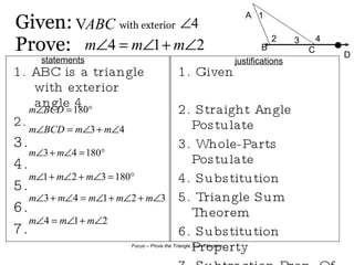 Given:  with exterior   Prove:  1. ABC is a triangle with exterior angle 4. 2.  3. 4. 5. 6. 7. 1. Given 2. Straight Angle Postulate 3. Whole-Parts Postulate 4. Substitution 5. Triangle Sum Theorem 6. Substitution Property 7. Subtraction Prop. Of Equality C D A B 2 1 3 4 statements justifications 