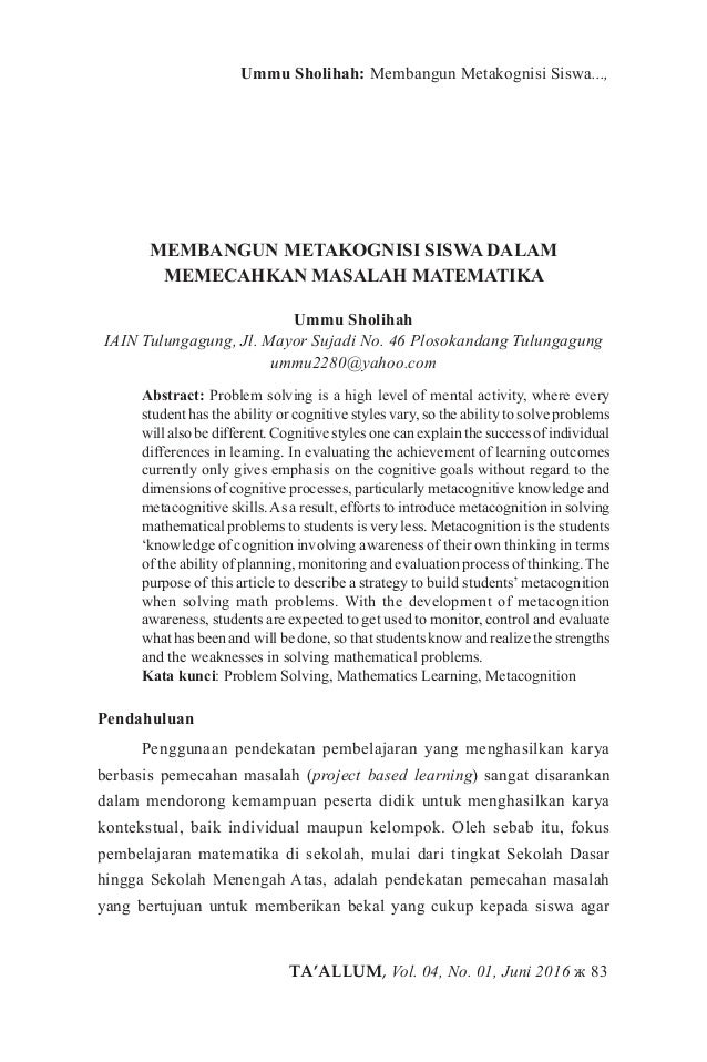 Membangun Metakognisi Siswa Dalam Memecahkan Masalah Matematika