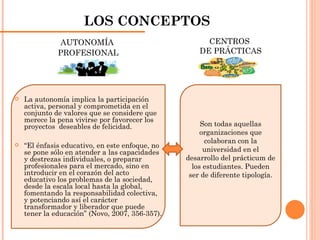 LOS CONCEPTOS AUTONOMÍA  PROFESIONAL La autonomía implica la participación activa, personal y comprometida en el conjunto de valores que se considere que merece la pena vivirse por favorecer los proyectos  deseables de felicidad. “ El énfasis educativo, en este enfoque, no se pone sólo en atender a las capacidades y destrezas individuales, o preparar profesionales para el mercado, sino en introducir en el corazón del acto educativo los problemas de la sociedad, desde la escala local hasta la global, fomentando la responsabilidad colectiva, y potenciando así el carácter transformador y liberador que puede tener la educación” (Novo, 2007, 356-357). CENTROS  DE PRÁCTICAS Son todas aquellas organizaciones que   colaboran con la universidad en el desarrollo del prácticum de los estudiantes. Pueden ser de diferente tipología. 