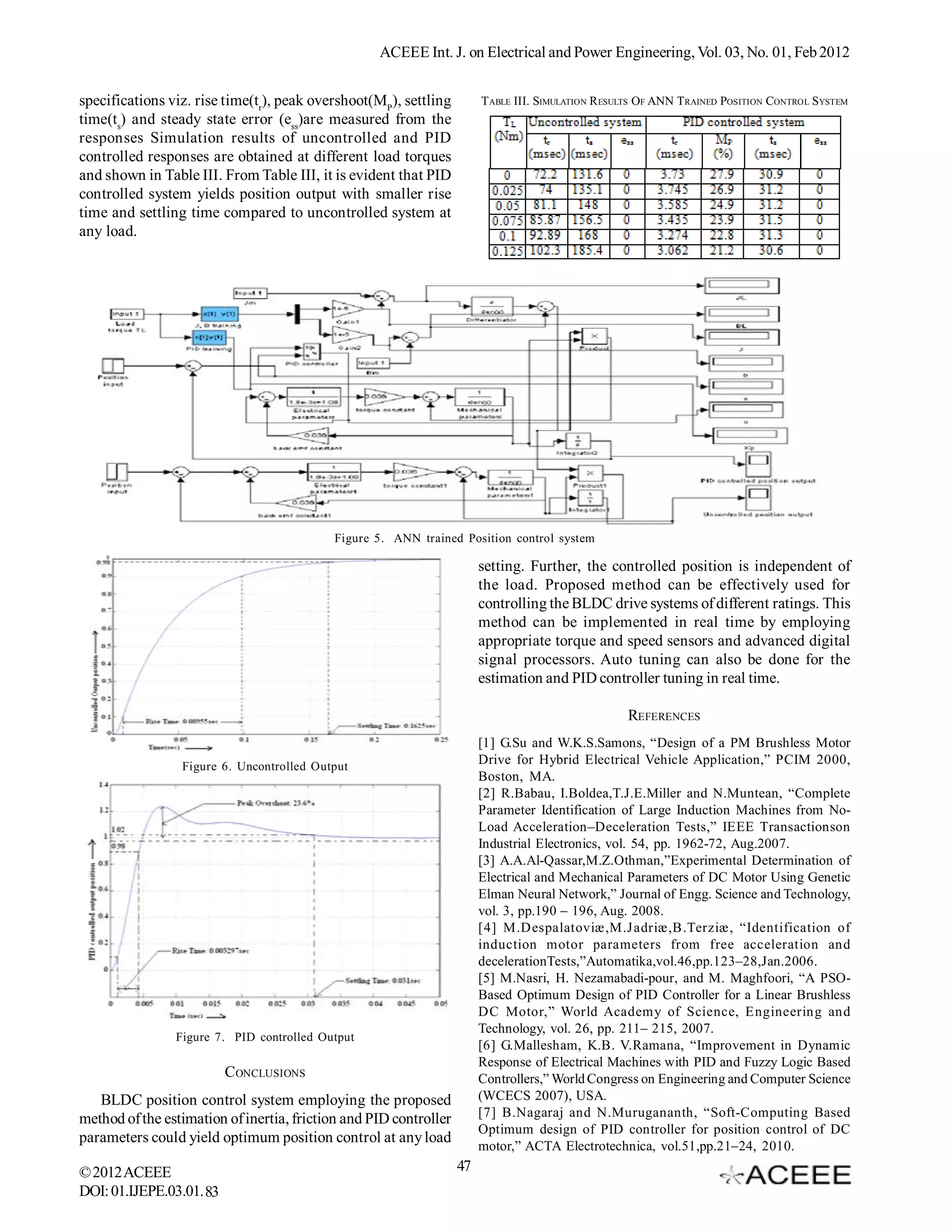ACEEE Int. J. on Electrical and Power Engineering, Vol. 03, No. 01, Feb 2012


specifications viz. rise time(tr), peak overshoot(MP), settling         TABLE III. SIMULATION R ESULTS OF ANN TRAINED POSITION CONTROL SYSTEM
time(ts) and steady state error (ess)are measured from the
responses Simulation results of uncontrolled and PID
controlled responses are obtained at different load torques
and shown in Table III. From Table III, it is evident that PID
controlled system yields position output with smaller rise
time and settling time compared to uncontrolled system at
any load.




                                           Figure 5. ANN trained Position control system

                                                                        setting. Further, the controlled position is independent of
                                                                        the load. Proposed method can be effectively used for
                                                                        controlling the BLDC drive systems of different ratings. This
                                                                        method can be implemented in real time by employing
                                                                        appropriate torque and speed sensors and advanced digital
                                                                        signal processors. Auto tuning can also be done for the
                                                                        estimation and PID controller tuning in real time.

                                                                                                   REFERENCES
                                                                        [1] G.Su and W.K.S.Samons, “Design of a PM Brushless Motor
                 Figure 6. Uncontrolled Output
                                                                        Drive for Hybrid Electrical Vehicle Application,” PCIM 2000,
                                                                        Boston, MA.
                                                                        [2] R.Babau, I.Boldea,T.J.E.Miller and N.Muntean, “Complete
                                                                        Parameter Identification of Large Induction Machines from No-
                                                                        Load Acceleration–Deceleration Tests,” IEEE Transactionson
                                                                        Industrial Electronics, vol. 54, pp. 1962-72, Aug.2007.
                                                                        [3] A.A.Al-Qassar,M.Z.Othman,”Experimental Determination of
                                                                        Electrical and Mechanical Parameters of DC Motor Using Genetic
                                                                        Elman Neural Network,” Journal of Engg. Science and Technology,
                                                                        vol. 3, pp.190 – 196, Aug. 2008.
                                                                        [4] M.Despalatoviæ,M.Jadriæ,B.Terziæ, “Identification of
                                                                        induction motor parameters from free acceleration and
                                                                        decelerationTests,”Automatika,vol.46,pp.123–28,Jan.2006.
                                                                        [5] M.Nasri, H. Nezamabadi-pour, and M. Maghfoori, “A PSO-
                                                                        Based Optimum Design of PID Controller for a Linear Brushless
                                                                        DC Motor,” World Academy of Science, Engineering and
                                                                        Technology, vol. 26, pp. 211– 215, 2007.
                Figure 7. PID controlled Output
                                                                        [6] G.Mallesham, K.B. V.Ramana, “Improvement in Dynamic
                                                                        Response of Electrical Machines with PID and Fuzzy Logic Based
                          CONCLUSIONS                                   Controllers,” World Congress on Engineering and Computer Science
   BLDC position control system employing the proposed                  (WCECS 2007), USA.
method of the estimation of inertia, friction and PID controller        [7] B.Nagaraj and N.Murugananth, “Soft-Computing Based
                                                                        Optimum design of PID controller for position control of DC
parameters could yield optimum position control at any load
                                                                        motor,” ACTA Electrotechnica, vol.51,pp.21–24, 2010.
© 2012 ACEEE                                                       47
DOI: 01.IJEPE.03.01. 83
 
