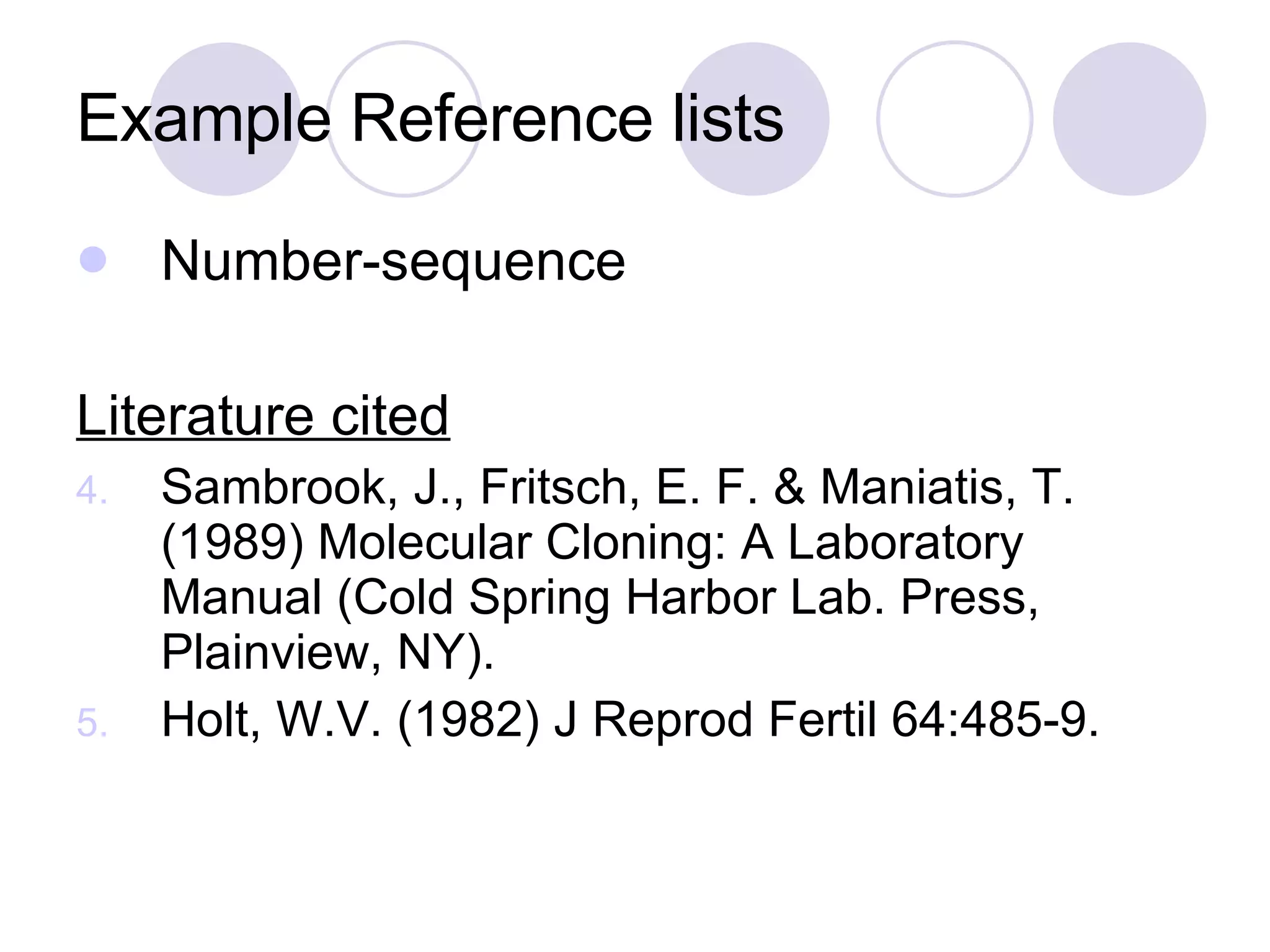 Example Reference lists Number-sequence Literature cited Sambrook, J., Fritsch, E. F. & Maniatis, T. (1989) Molecular Cloning: A Laboratory Manual (Cold Spring Harbor Lab. Press, Plainview, NY). Holt, W.V. (1982) J Reprod Fertil 64:485-9. 