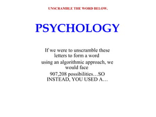 PSYCHOLOGY
If we were to unscramble these
letters to form a word
using an algorithmic approach, we
would face
907,208 possibilities…SO
INSTEAD, YOU USED A…
UNSCRAMBLE THE WORD BELOW.
 