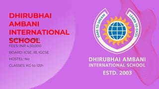 DHIRUBHAI
AMBANI
INTERNATIONAL
SCHOOL
STARTED IN: 2003
FEES: INR 4,50,000
BOARD: ICSE, IB, IGCSE
HOSTEL: No
CLASSES: KG to...