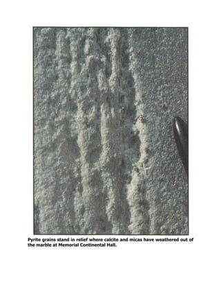 Pyrite grains stand in relief where calcite and micas have weathered out of
the marble at Memorial Continental Hall.
 