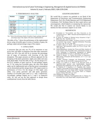 International Journal of Latest Technology in Engineering, Management & Applied Science (IJLTEMAS)
Volume IX, Issue II, February 2020 | ISSN 2278-2540
www.ijltemas.in Page 88
V. PERFORMANCE ANALYSIS
Methods Garbage
outputs
Number of
reversible
gates
Percentage
Usage of
outputs
Even Parity
Generator
3 1 25%
Odd Parity
Generator
3 1 25%
4-bit ripple
carry adder
8 4 50%
2-bit carry
look ahead
adder
15 10 50%
Fig. 7 shows the performance details of number of gates, garbage output and
percentage usage of the outputs of the above implementations.
The table of Fig. 7 shows the performance of the implemented
device using reversible gates in terms of number of gates, the
garbage output and percentage usage of the outputs.
V. CONCLUSION
A processor that can only use 5% of its transistors at any
given time will differ in properties from that other transistors
which use 50%. Our aim will be to increase the percentage
rate of usage of transistors with lowering of the heat
dissipation. This paper presents an efficient approach for the
designing of the parity generators, ripple carry adder and carry
look ahead adder. From the table in Fig.7, for the design of 2-
bit CLA, numbers of gates used are 10 and garbage outputs
are 15. So, using less reversible gates, the carry look ahead
adder can be implemented and so that the power consumption
can be diminished and this design shows 50% improvement in
performance of CLA. For the design of 4-bit ripple carry
adder, even parity generator and odd parity generator,
numbers of reversible gates used is 4, 1 and 1 respectively.
Accordingly, garbage outputs are 8, 3 and 3 in respective
order. So, one can use the best approach to design those
combinational circuits from the table shown.
ACKNOWLEDGEMENT
We would like to express our gratitude to our Head of the
Department of Electronics and Communication Engineering
Department, Prof. (Dr.) Prabir Banerjee and VLSI Department
Coordinator, Prof. Krishanu Dutta for their expert advice and
encouragement, which helped us in preparing this manuscript.
We would also like to express our sincere thanks to our
families for their enormous support in our work.
REFERENCES
[1] R.Landauer in “Irreversibility and Heat Generation in the
Computing Process”. IBM J. Research and Development,5(3): pp.
183-191, 1961.
[2] R. Keyes, R. Landauer in“Minimal energy dissipation in logic”,
IBM J. Res. Dev. 14(1970) 152–157.
[3] M. Mohammadi and M. Eshghi, “On figures of merit in reversible
and quantum logic designs,” Quantum Information Processing,
vol. 8,no. 4, pp. 297–318, Aug. 2009.
[4] D. Maslov and G. W. Dueck, “Improved quantum cost for n-bit
toffoli gates” IEE Electronics Letters, vol. 39, no. 25, pp. 1790–
1791, Dec.2003.
[5] Soham Bhattacharya, Anindya Sen "Power and Delay Analysis of
Logic Circuits Using Reversible Gates" International Journal of
Latest Technology in Engineering, Management & Applied
Science-IJLTEMAS vol.8 issue 12, December 2019, pp.54-63.
[6] Charles H. Bennett , in "Logical Reversibility of computation",
IBM Journal of Research and Development, vol. 17, no. 6, pp.
525-532, 1973.
[7] T.Toffoli, Automata, Languages and Programming. Springer
Verlag, 1980, ch. title: Reversible Computing, pp. 632–644.
[8] Draper, T. G., Kutin, S. A., Rains, E. M., and Svore, K.M.: A
logarithmic-depth quantum carry lookaheadadder. Quantum
Information and computation.vol.6 No. 4&5, pp. 351-369 (2006).
[9] H. Thapliyal, H. V. Jayashree, A. N. Nagamani, H.R. Arabnia,
"Progress in Reversible Processor Design: A Novel Methodology
for Reversible Carry Look-Ahead Adder", Springer Transactions
on Computational Science XVII Lecture Notes in Computer
Science Volume 7420, 2013, pp. 73-97.
[10] Wikipedia on “Ripple Carry Adder”.
[11] NeelaShirisha, P.Kalyani, Dr.D.Nageshwar Rao in “Design of a
Reversible Carry Look-Ahead Adder Using Reversible Gates”.
 